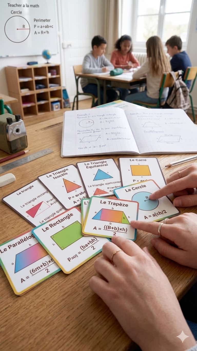 Jeu de Géométrie Les Solides Aires et Volumes cartes pédagogiques formules mathématiques ancrage visuel manipulation